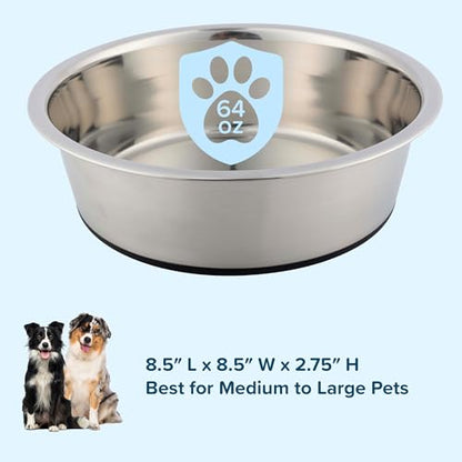 Set of 2 Stainless Steel Dog Bowls - 64oz/8 Cups Food and Water Bowls for Dogs and Cats - Non Slip Metal Pet Dishes for Medium to Large Sized Pets - Puppy Essentials by PETMAKER - size: 64 oz