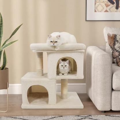 Tangkula Small Cat Tree for Indoor Cats, 25.5 Inch Cat Tower with Sisal Scratching Posts, 2 Large Cat Condos with Padded Top Perch, Modern Cat Climbing Furniture for Adult Cats & Kittens (Beige) - color: Beige