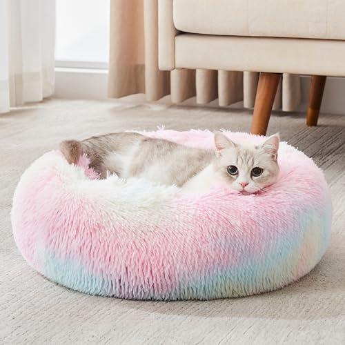 WESTERN HOME WH Calming Dog & Cat Bed, Anti-Anxiety Donut Cuddler Warming Cozy Soft Round Bed, Fluffy Faux Fur Plush Cushion Bed for Small Medium Dogs and Cats (20"/24"/27"/30") - color: Rainbow, size: 20.0"L x 20.0"W x 6.0"Th