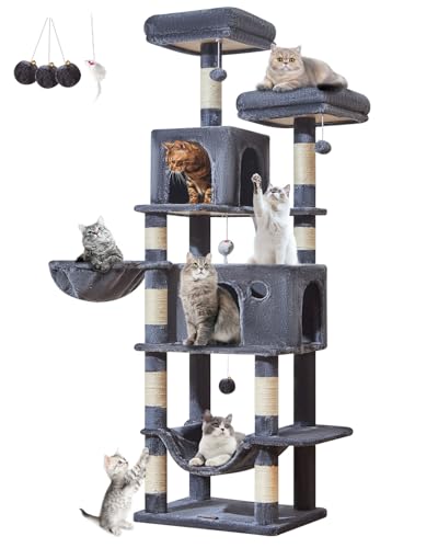 Taoqimiao Large Cat Tree，73-Inch Cat Tree Tower with 9 Scratching Posts for Indoor Cats, 2 Large Cat Condo with Hammock, Hanging Basket, 2 Extended Platform, Smoky Gray MS013XLG - color: Smoky Gray, size: 73 inches