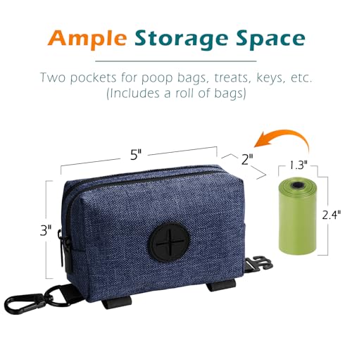 Dog Poop Bag Holder, Portable Pet Waste Bag Dispenser, 2 Pouches for Treats and Walking Accessories, Fit All Leashes, Includes 1 Roll of Dog Poop Bags (Navy Blue) - color: Navy Blue
