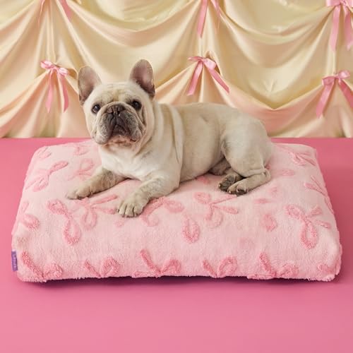 LE SURE Dog Beds Medium Size-Thick Shredded Chopped Foam Pet Bed as Gift for Indoor with Removable Cover, Cute Modern Fuzzy Plush & Anti Slip Bottom, Bow Pink - color: Bow Pink, size: 30.0"L x 20.0"W x 4.0"Th