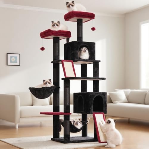 Gitelsnour Cat Tree for Indoor Cats, 71'' (180cm) Multi-Level Cat Tower for Large Adult, Gothic Sturdy Cat Tree House with 2 Scratching Boards 7 Posts, 2 Plush Perches/Condos, Hammock, Black GCT032BR - color: Black and Red, size: 70.8in（180cm)