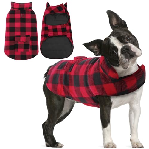 AOFITEE Reversible Dog Coat, Warm Winter Jacket, Thick Padded Vest with Leash Hole, Cotton Material, Plaid Print, Small (23'' Chest) - color: Red, size: Small