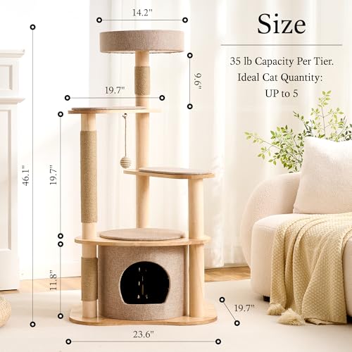 797Audio Modern Wood Cat Tree Tower, 46" Aesthetic Cat Tree with Natural Pine Wood Scratching Posts and Condo for Adult Cats, Solid Rubber Wooden & Linen Cat Tree,Multi-Level Tree for Indoor Cat - color: 46 Inch