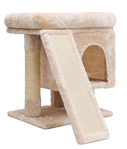 SYANDLVY Small Cat Tree for Indoor Large Cats, Kittens Condo with Scratching Post and Board, Modern Activity Tower with Cave (Beige) - color: Beige