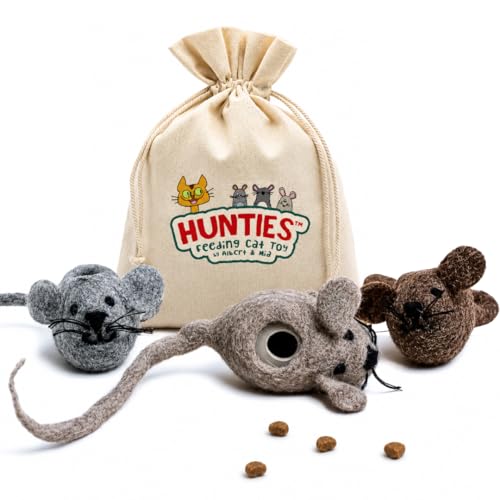 Albert & Mia HUNTIES — Cat Treat Puzzle Dispenser Toy, Cat Puzzle Feeder Toy for Slower Eating Training, Keeps Kitten Busy & Prevents Overeating, Small Interactive Food Toys for Cats (3 Wool Mice Set)