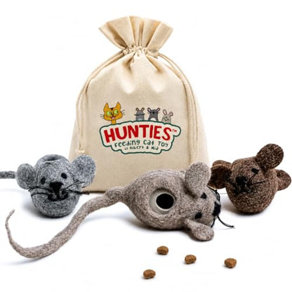 Albert & Mia HUNTIES — Cat Treat Puzzle Dispenser Toy, Cat Puzzle Feeder Toy for Slower Eating Training, Keeps Kitten Busy & Prevents Overeating, Small Interactive Food Toys for Cats (3 Wool Mice Set)
