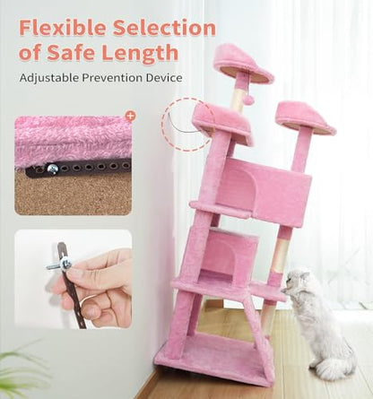 Made4Pets Cat Tree Tower 56" Cat Tower for Indoor Cats Kitten Tree Multi-Level Cat Tree with 2 Condo Furniture Activity Center with Scratching Posts Funny Toys (Pink) - color: Pink
