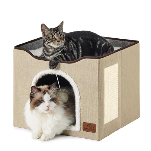 Bedsure Cat Beds for Indoor Cats - Large Cat Cave for Pet Cat House with Fluffy Ball Hanging and Scratch Pad, Foldable Cat Hideaway, 16.5x16.5x13 inches, Brown - color: Brown, size: Single