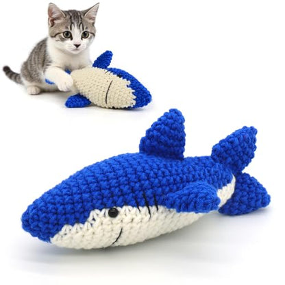 Catnip Fish Toy - Hand-Crocheted with Real Catnip & Bell, Interactive Kicker Toy for Cats Kitten, Soft & Safe for Biting - color: Shark
