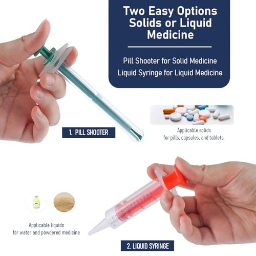 Pill Shooter for Cats Dogs, 5-in-1 Pet Medication Kit with Pill Popper Gun, Liquid Syringe, Anti-Choke Dispenser, Pill Cutter Grinder & Pet Grooming Deshedding Brush Glove | Reusable Safe