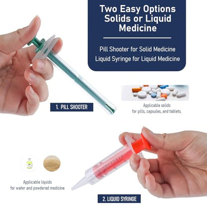 Pill Shooter for Cats Dogs, 5-in-1 Pet Medication Kit with Pill Popper Gun, Liquid Syringe, Anti-Choke Dispenser, Pill Cutter Grinder & Pet Grooming Deshedding Brush Glove | Reusable Safe