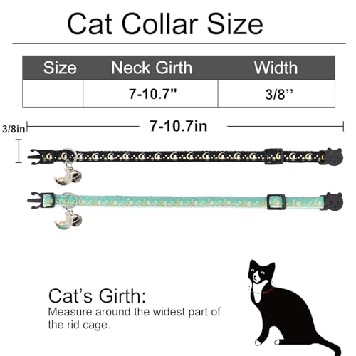 2 Pack Breakaway Cat Collar with Bells,Adjustable Moon and Star Kitten Safety Collars for Boys & Girls,Black+Teal - color: Black+Teal