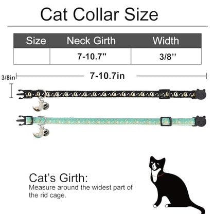 2 Pack Breakaway Cat Collar with Bells,Adjustable Moon and Star Kitten Safety Collars for Boys & Girls,Black+Teal - color: Black+Teal