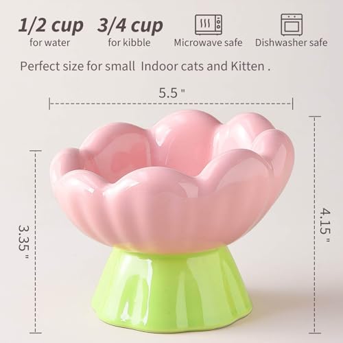 Ceramic Raised Cat Bowl Elevated, Tall & Tilted, Anti-Vomiting, Non-Slip, Cute Flower Cat Food Bowls for Dry Wet Food and Water, for Small Indoor Cats, Pink - size: Tall Bowl