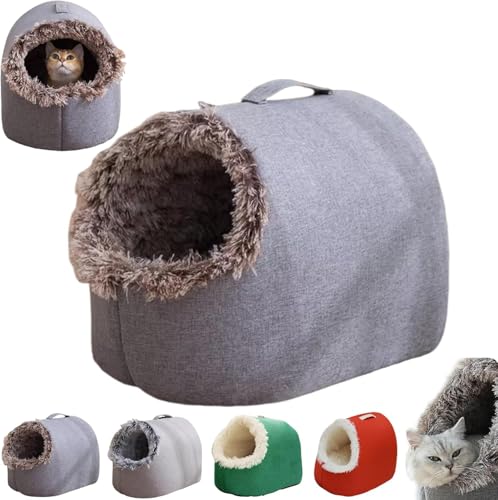 Winter Warm Pet Cave Bed, Cozy Cat Tent for Indoor Cats & Small Dogs, Calming Plush Anti-Anxiety Cuddler Beds, Enclosed Hooded, Anti-Slip Hideout House, Portable Washable Pet Nest (Brown, M) - color: Brown, size: M