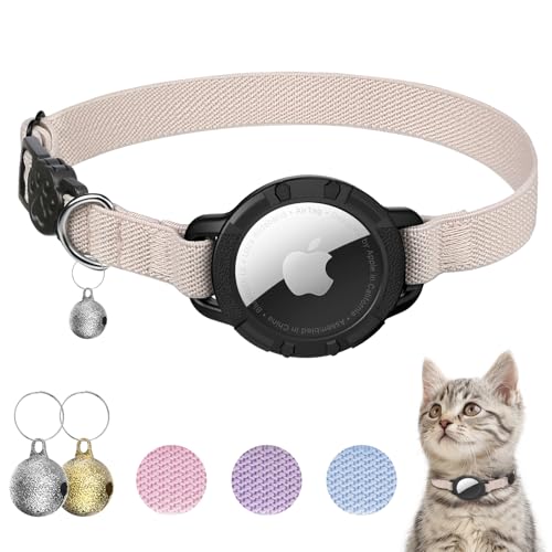 AirTag Cat Collars, Stretchy Collar with Apple AirTag Holder and Bell, Breakaway Design Ultra Elastic GPS Tracking Collars for Cats and Puppies, (7.5-12.5 Inch), Khaki - color: Khaki