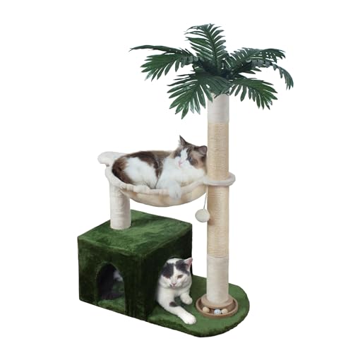 Fantasreen Cat Tree 38" Cat Tower with Large Hammock Metal, Cat Scratching Post for Indoor Cats with Condo, Cat Playground Track Balls and Bouncy Ball, Green and White