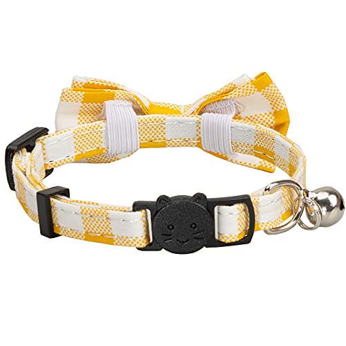 Cat Collar with Bow Tie Bell Breakaway Bowtie 2pcs Set Spring Plaid Flower Floral Solid Boy Girl Cute Kitten Safety A Yellow Flower & Plaid - color: A [Flower & Plaid]-Yellow