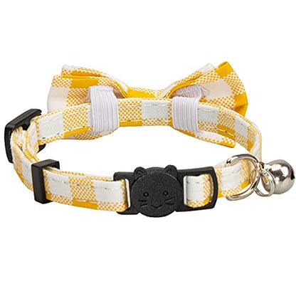 Cat Collar with Bow Tie Bell Breakaway Bowtie 2pcs Set Spring Plaid Flower Floral Solid Boy Girl Cute Kitten Safety A Yellow Flower & Plaid - color: A [Flower & Plaid]-Yellow