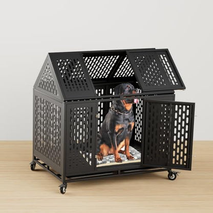 44 inch Heavy Duty Dog Crate with Wheels, Indestructible Escape-Proof Dog Kennel with Locking Latch and Double Door, Large XL Cage Indoor for Large and Medium Dog with Removable Tray - size: 43.3"L x 29.7"W x 46.3"H