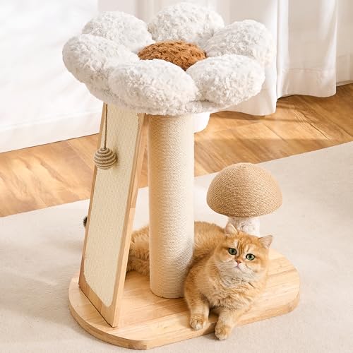 HITTITE Solid Wood Cat Tree Tower, Cat Scratching Post with Bed, 27" Small Flower Cat Tree, Compact Cat Tower with Scratching Pad and Cat Bed, Mushroom Modern Cat Tower for Indoor Cats Large Adult. - color: Flower Cat Bed