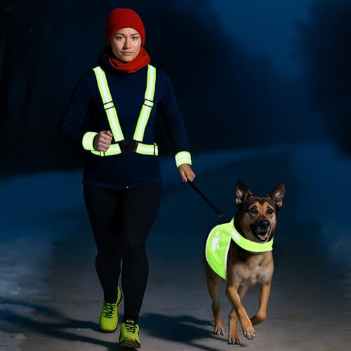 Shinylin 4 Pcs Reflective Running Gear for Dog Walking Reflective Vest Adjustable High Visibility, Sports Wristbands, Dog Safety Vest for Pets Outdoor Walking Cycling Camping(Fluorescent Green)