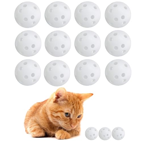 Low Noise No Bells Cat Ball Toy, 12Pcs White Plastic Golf Balls with Holes, Funny Interactive Cat Toys for Bored Indoor Cats,Cute Kitten Kitty Toys(1.65") - color: White, 12/Pack