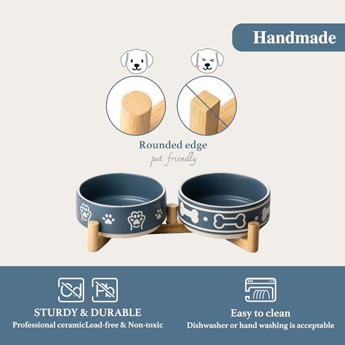 Dafuceramic Dog Bowls Set with Stand, 1.5 Cups Ceramic Puppy Bowls for Dogs, Dual Dog Food and Water Bowls with Bone Pattern,Weighted Non-Slip Base (S-1.5 Cups)
