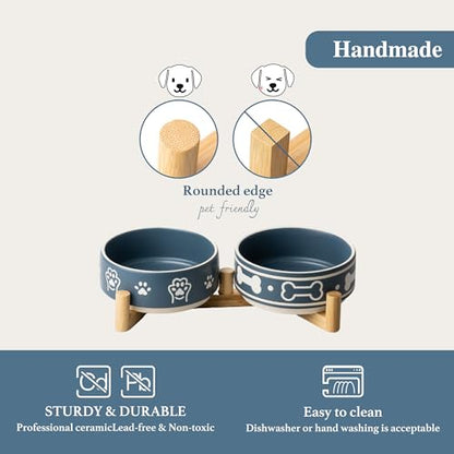 Dafuceramic Dog Bowls Set with Stand, 1.5 Cups Ceramic Puppy Bowls for Dogs, Dual Dog Food and Water Bowls with Bone Pattern,Weighted Non-Slip Base (S-1.5 Cups)