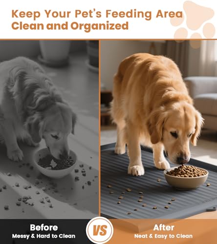 Dog Food Mat 36"x24", Waterproof Pet Feeding Mat with Diversion Grooves and Raised Edges, Large Non-Slip Dog Bowl Mat for Food and Water, Cat Food Mat for Floors, Easy to Clean, Grey - color: Grey