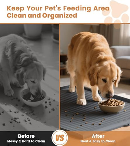 Dog Food Mat 36"x24", Waterproof Pet Feeding Mat with Diversion Grooves and Raised Edges, Large Non-Slip Dog Bowl Mat for Food and Water, Cat Food Mat for Floors, Easy to Clean, Grey - color: Grey