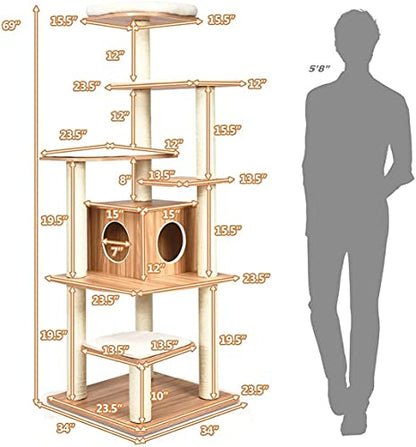 Tangkula Tall Cat Tree, 69-Inch Modern Cat Tower with Sisal Rope Scratching Posts, Wood Cat Tree with Multi-Layer Platform, Cat Condo Furniture with Washable Cushions for Indoor Cats Large Adult - color: Natural