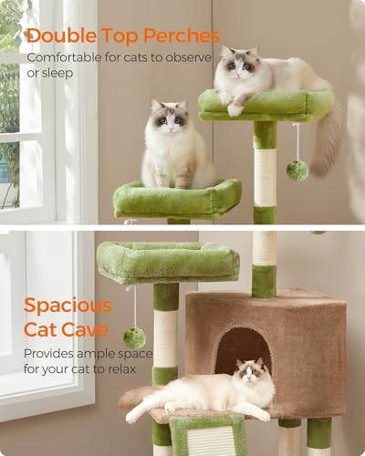 Feandrea Cat Tree, 45.3-Inch Cat Tower, Plush Condo with Scratching Post, Ramp, Perch, Spacious Cave, for Small Space, Grass Green and Camel Brown UPCT141CB03 - color: Grass Green + Camel Brown