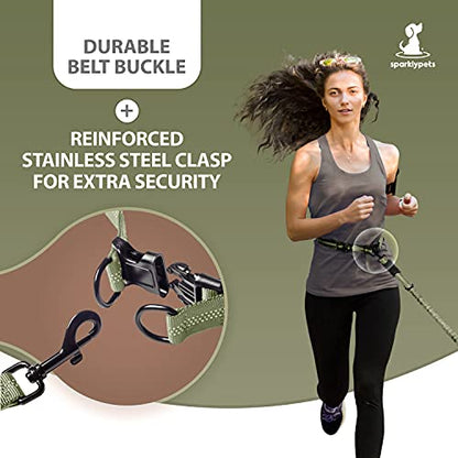 SparklyPets - Hands Free Dog Leash with Reflective Stitches - Waist Leash for Medium & Large Dogs Walking, Hiking, Training, Jogging, Canicross, Running - color: Olive Green, size: 2 dogs M/L