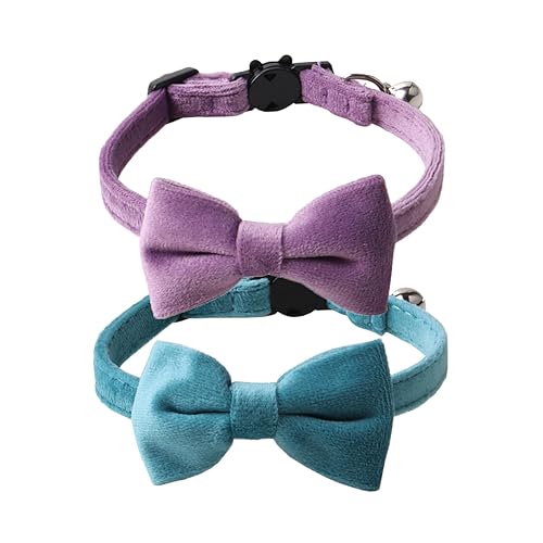 Love Dream Cat Collar Breakaway with Bow Tie and Bells - 2 Pack Velvet Girl Boy Kitty Safety Kitten Collars with Removable Bowtie for Cats Kittens, Blue & Purple - color: Blue & Purple