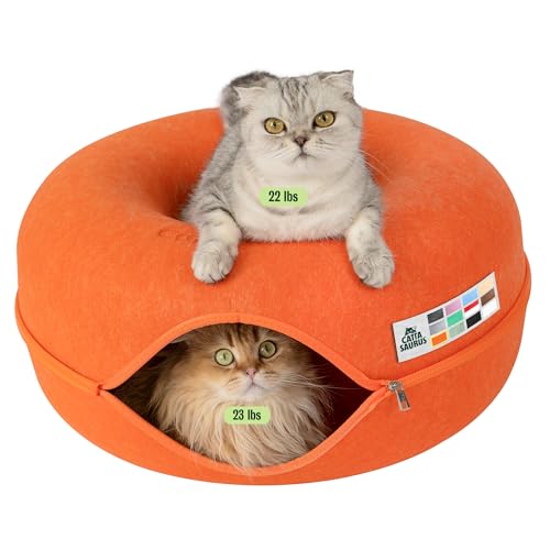 Cattasaurus Peekaboo Cat Cave Donut for Multiple & Large Cats up to 30-45 lbs, 3-in-1 Self Warming Cat Bed, Tunnel & Scratcher for Indoor Cats, Washable & Detachable Small Dog Bed (Orange, Large) - color: Orange, size: Large