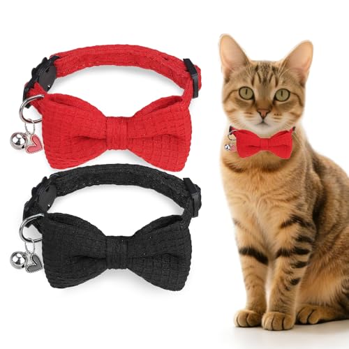 Cat Collar Breakaway with Bells, Soft Cotton Red Cat Bowtie Collar for Girl Cats, Small Cats Collar with Bow for Spring Summer, 2 Pack Cute Kitten Collars with Removable Bowtie 8-12Inch - color: Black + Red