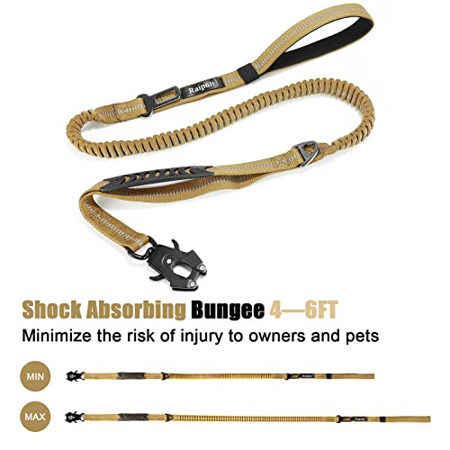 Raipult Tactical Dog Leash Heavy Duty, 4-6FT Shock Absorbing Bungee Leash with Quick Release Clip& 2 Handles, No Pull Waking Lead with Car Seatbelt for Medium Large Dogs that Pull,Khaki - color: Coyote Tan