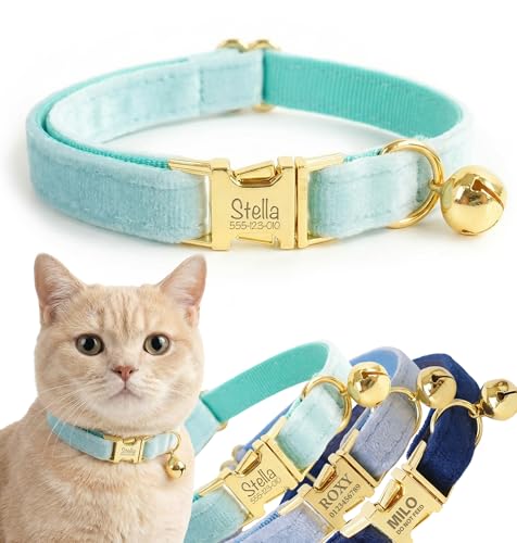 Personalized Velvet Cat Collar with Bell, Custom Engraved Name and Phone Number, Adjustable Luxury Kitten Collar, Non-Breakaway Secure ID Collar for Cats and Kittens - color: Light Blue, size: S