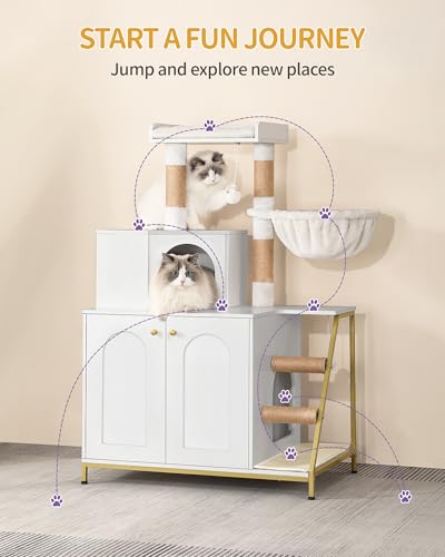Hzuaneri Cat Litter Box Enclosure with Cat Tree, 4-in-1 Modern Cats House with Large Platform, Cats Condo with Sisal Scratching Mat, Posts, Stairs and Pompom, Washable Cushions, White Gold CB81013A - color: White and Gold
