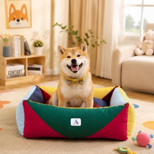 Cotton Canvas Dog Bed, Cute Dog Bed Medium Size Dog, Puppy Bed with Washable Removable Cover, Durable 290 GSM Cotton Anti-Chewing Pet Bed with Anti-Slip Bottom (30"x25"x10", Red&Yellow&Green) - color: Red+Green+Yellow, size: Medium