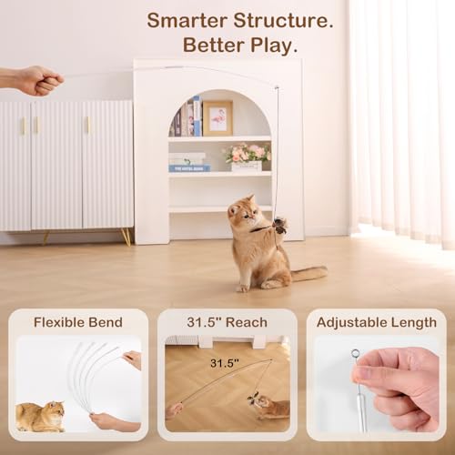 Retractable Cat Wand Toy with Spinning Natural Feather – Interactive Cat Teaser Wand for Indoor Cats, Adjustable Lightweight Cat Toy Wand with Safe Top Clasp - String Version - color: String Version