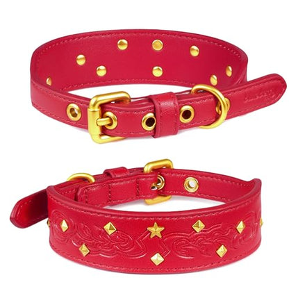 Blueberry Pet Premium Embossed Red Glam Silver-Powered Freshness Microfiber Leather Dog Collar with Gold Studs - color: Red, size: Small