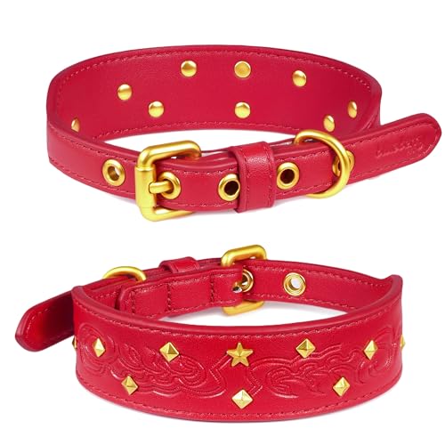 Blueberry Pet Premium Embossed Red Glam Silver-Powered Freshness Microfiber Leather Dog Collar with Gold Studs - color: Red, size: Small