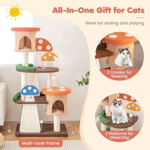 Tangkula Mushroom Cat Tree, Multi-Level Cute Cat Tower with Full-Wrapped Sisal Posts, Scratching Boards & Interactive Balls, 2 Cat Condo, Flower Cat Tree Tower for Indoor Cats Large Adult (57.5 Inch) - size: 57.5 Inch