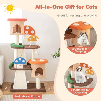 Tangkula Mushroom Cat Tree, Multi-Level Cute Cat Tower with Full-Wrapped Sisal Posts, Scratching Boards & Interactive Balls, 2 Cat Condo, Flower Cat Tree Tower for Indoor Cats Large Adult (57.5 Inch) - size: 57.5 Inch