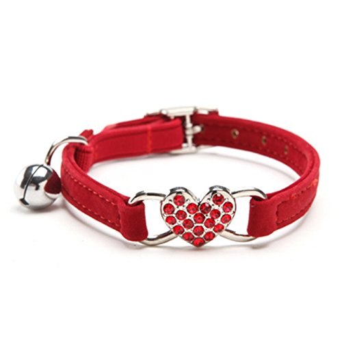 CHUKCHI Pink Soft Velvet Safe Cat Adjustable Collar with Crystal Heart Charm and Bells 8-11 Inches (Red) - color: Red