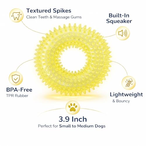 Squeaky Spiky Dog Ring Toy for Teeth Cleaning & Gum Massage 3.9 Inch Small Medium Dogs Yellow | Spiny TPR Rubber Chew Toy for Fetch Play Interactive Bouncy Dental Ring Durable BPA Free Nontoxic Floats - size: Yellow, Ring - 1 Pack